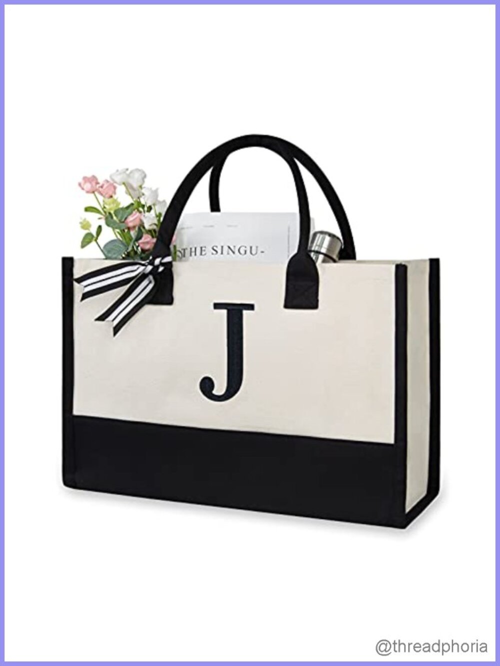 Personalized Initial Canvas Beach Tote Bag Monogrammed Gift for Women